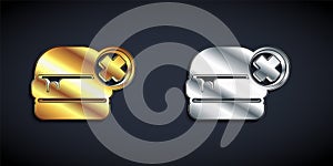 Gold and silver No burger icon isolated on black background. Hamburger icon. Cheeseburger sandwich sign. Fast food menu