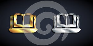 Gold and silver Online class icon isolated on black background. Online education concept. Long shadow style. Vector