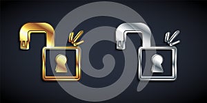 Gold and silver Open padlock icon isolated on black background. Opened lock sign. Cyber security concept. Digital data