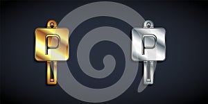 Gold and silver Parking icon isolated on black background. Street road sign. Long shadow style. Vector