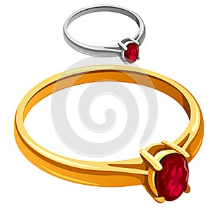 Gold and silver ring with red ruby, vector jewelry