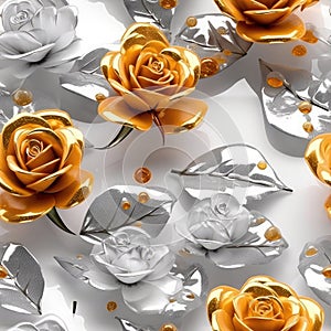 Gold Silver Rose Flowers Glitter Super Detail Seamless Background. Generative AI