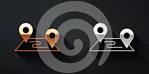 Gold and silver Route location icon isolated on black background. Map pointer sign. Concept of path or road. GPS