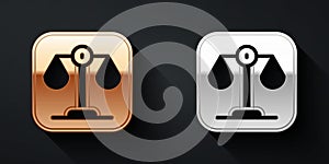 Gold and silver Scales of justice icon isolated on black background. Court of law symbol. Balance scale sign. Long