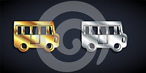 Gold and silver School Bus icon isolated on black background. Public transportation symbol. Long shadow style. Vector