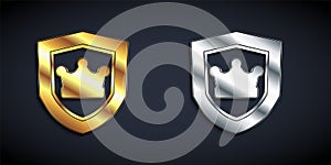 Gold and silver Shield with crown icon isolated on black background. Long shadow style. Vector