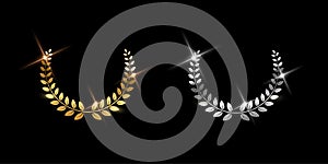 Gold and silver shiny laurel wreath signs isolated on black background. Vector award symbols.