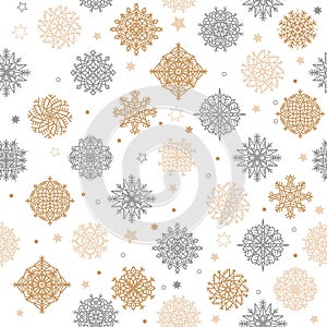 Gold and silver snowflakes and stars seamless pattern on a white background. Vector illustration.