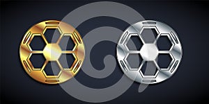 Gold and silver Soccer football ball icon isolated on black background. Sport equipment. Long shadow style. Vector