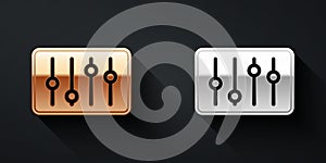 Gold and silver Sound mixer controller icon isolated on black background. Dj equipment slider buttons. Mixing console