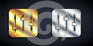 Gold and silver Sound mixer controller icon isolated on black background. Dj equipment slider buttons. Mixing console