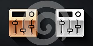 Gold and silver Sound mixer controller icon isolated on black background. Dj equipment slider buttons. Mixing console