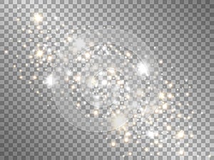 Gold and silver sparks on transparent backdrop. White and golden stars with stardust. Special light effect. Magic