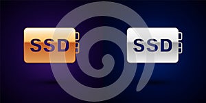 Gold and silver SSD card icon isolated on black background. Solid state drive sign. Storage disk symbol. Vector