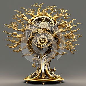 Gold Silver Steampunk Tree Large Details. Generative AI