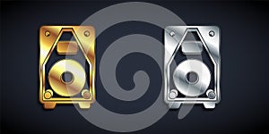 Gold and silver Stereo speaker icon isolated on black background. Sound system speakers. Music icon. Musical column
