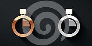 Gold and silver Stopwatch icon isolated on black background. Time timer sign. Chronometer sign. Long shadow style