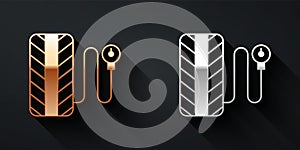 Gold and silver Tire pressure gauge icon isolated on black background. Checking tire pressure. Gauge, manometer. Car