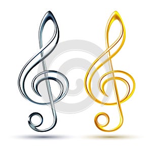 Gold and silver treble clef on white background