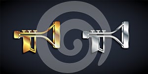 Gold and silver Trumpet icon isolated on black background. Musical instrument. Long shadow style. Vector