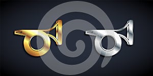 Gold and silver Trumpet icon isolated on black background. Musical instrument. Long shadow style. Vector