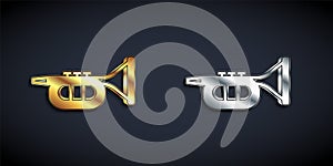 Gold and silver Trumpet icon isolated on black background. Musical instrument. Long shadow style. Vector