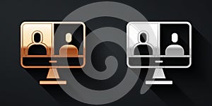 Gold and silver Video chat conference icon isolated on black background. Computer with video chat interface active