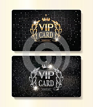 Gold and silver VIP cards with floral design elements and crown