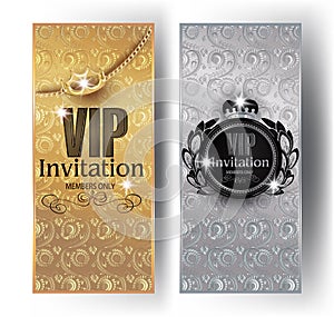 Gold and silver VIP invitation cards with floral design background, crowns and vintage frames.
