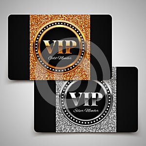 Gold and silver VIP premium member cards with glitter