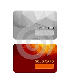 Gold and silver VIP premium member cards in polygonal style, gift, voucher, certificate