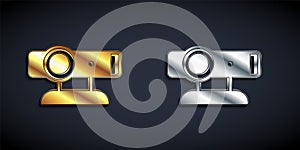 Gold and silver Web camera icon isolated on black background. Chat camera. Webcam icon. Long shadow style. Vector