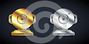 Gold and silver Web camera icon isolated on black background. Chat camera. Webcam icon. Long shadow style. Vector