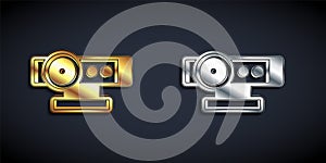 Gold and silver Web camera icon isolated on black background. Chat camera. Webcam icon. Long shadow style. Vector