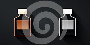 Gold and silver Whiskey bottle icon isolated on black background. Long shadow style. Vector