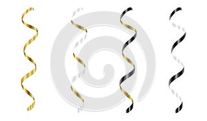 Gold, silver, white, black streamers set. Silver serpentine ribbons, isolated on white background. Decoration for party, birthday