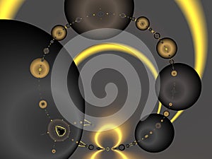 Gold silver yellow black diamond shapes futuristic surreal galaxy fractal, lights, abstract background, graphics