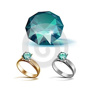 Gold and Siver Engagement Rings with Emerald Shiny Clear Diamond photo