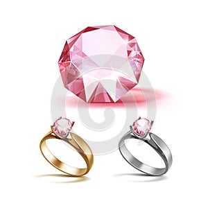 Gold and Siver Engagement Rings with Pink Shiny Clear Diamond photo