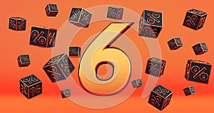 gold six 1 percent number with Black cubes percentages fly on a orange background.