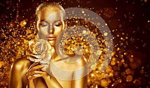 Gold Skin Body Art, Golden Woman Beauty Portrait with Flower, Fashion Make Up