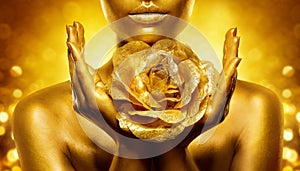 Gold Skin Woman Face. Golden Lips Make up with Flower close up. Female Hand Palms Holding Jewellery Rose over Shine Background