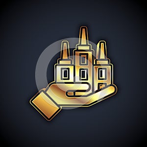 Gold Skyscraper icon isolated on black background. Metropolis architecture panoramic landscape. Vector