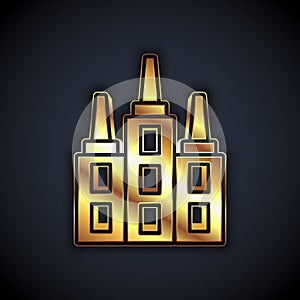 Gold Skyscraper icon isolated on black background. Metropolis architecture panoramic landscape. Vector