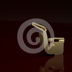 Gold Smoking pipe with smoke icon isolated on brown background. Tobacco pipe. Minimalism concept. 3D render illustration