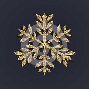 Gold snowflake on dark background. Christmas snow with glitter texture. Xmas vector illustration.