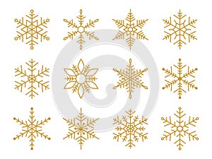 Gold snowflake for snow design. Golden silhouette snowflakes isolated on white background. Freeze symbol. Snow flake icon. Ice
