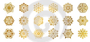 Gold snowflakes. Golden shine christmas flake for decoration and greeting cards, glow elements for wrapping paper and