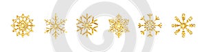 Gold snowflakes set on white background. Shining snowflake with glitter, sparkles and star. Christmas and New Year