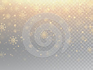 Gold snowflakes with sparkles. Realistic falling snowflakes isolated on transparent background. Winter background with
